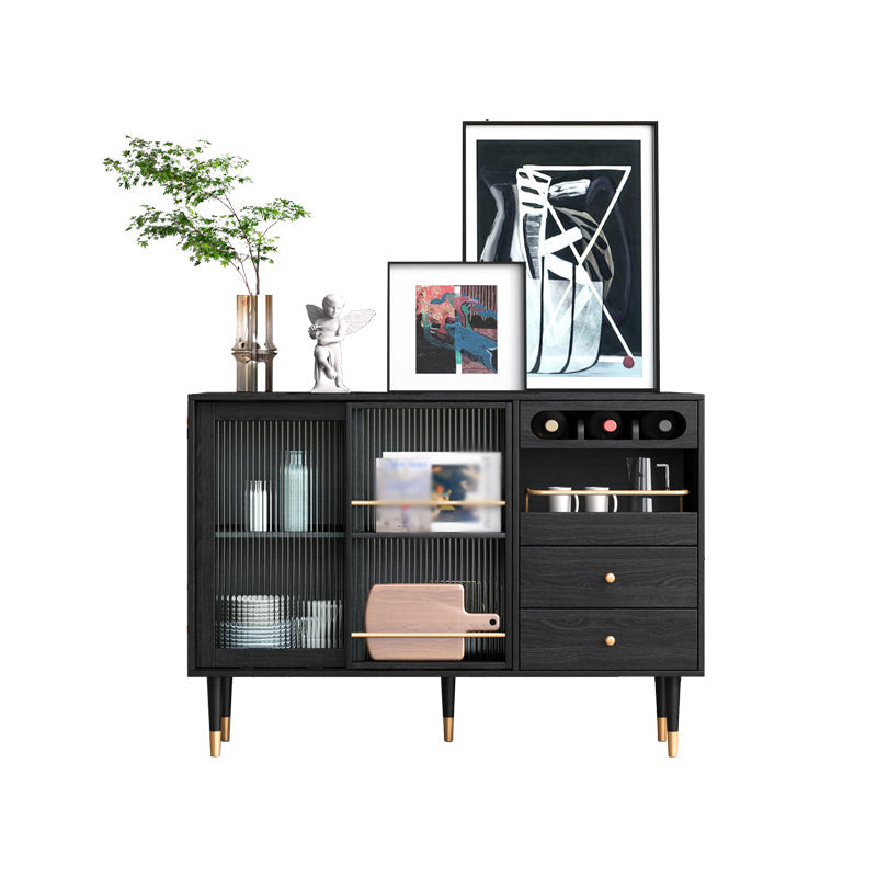 2-Drawer Engineered Wood Sideboard Glam Glass Sliding Doors Credenza with Stone Countertop 47"L x 16"W x 35"H Black Wood Clearhalo 'buffet_sideboard' 'Buffets & Sideboards' 'furn' 'furn_buffet_sideboard' 'Furniture' 'furniture_buffet_sideboard' 'Kitchen & Dining Furniture' 5087394