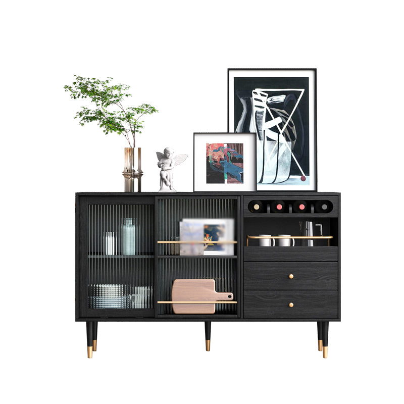 2-Drawer Engineered Wood Sideboard Glam Glass Sliding Doors Credenza with Stone Countertop 55"L x 16"W x 35"H Black Wood Clearhalo 'buffet_sideboard' 'Buffets & Sideboards' 'furn' 'furn_buffet_sideboard' 'Furniture' 'furniture_buffet_sideboard' 'Kitchen & Dining Furniture' 5087396