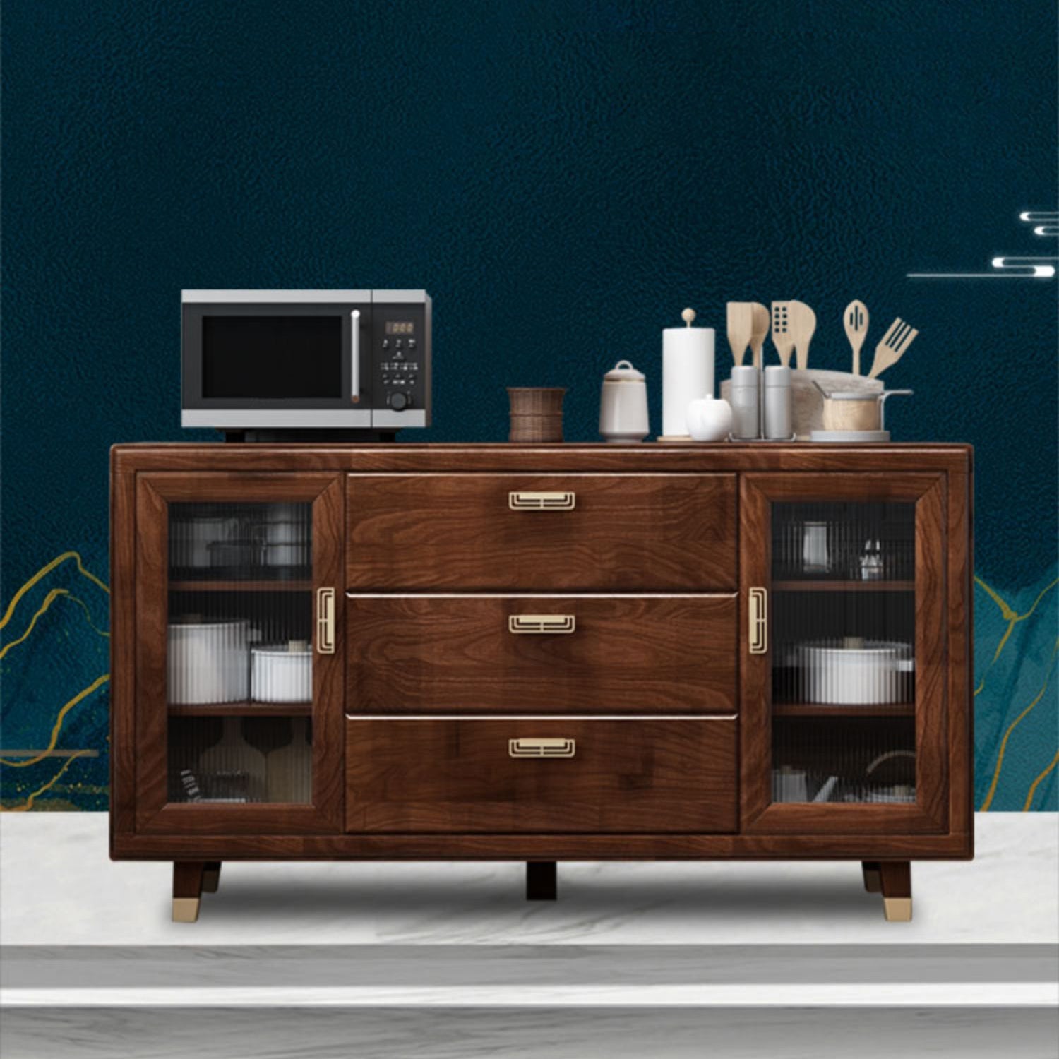 Modern Rubberwood Solid Wood Sideboard 34.5" H Brown Credenza for Dining Room Clearhalo 'buffet_sideboard' 'Buffets & Sideboards' 'Furniture' 'furniture_buffet_sideboard' 'Kitchen & Dining Furniture' 5087468