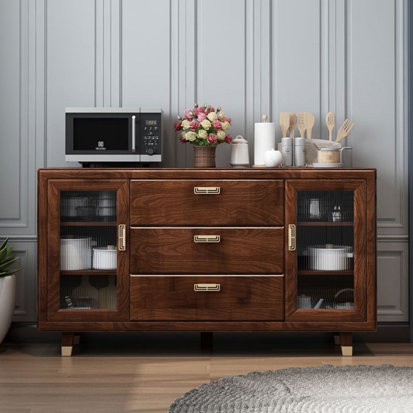 Modern Rubberwood Solid Wood Sideboard 34.5" H Brown Credenza for Dining Room Clearhalo 'buffet_sideboard' 'Buffets & Sideboards' 'Furniture' 'furniture_buffet_sideboard' 'Kitchen & Dining Furniture' 5087478