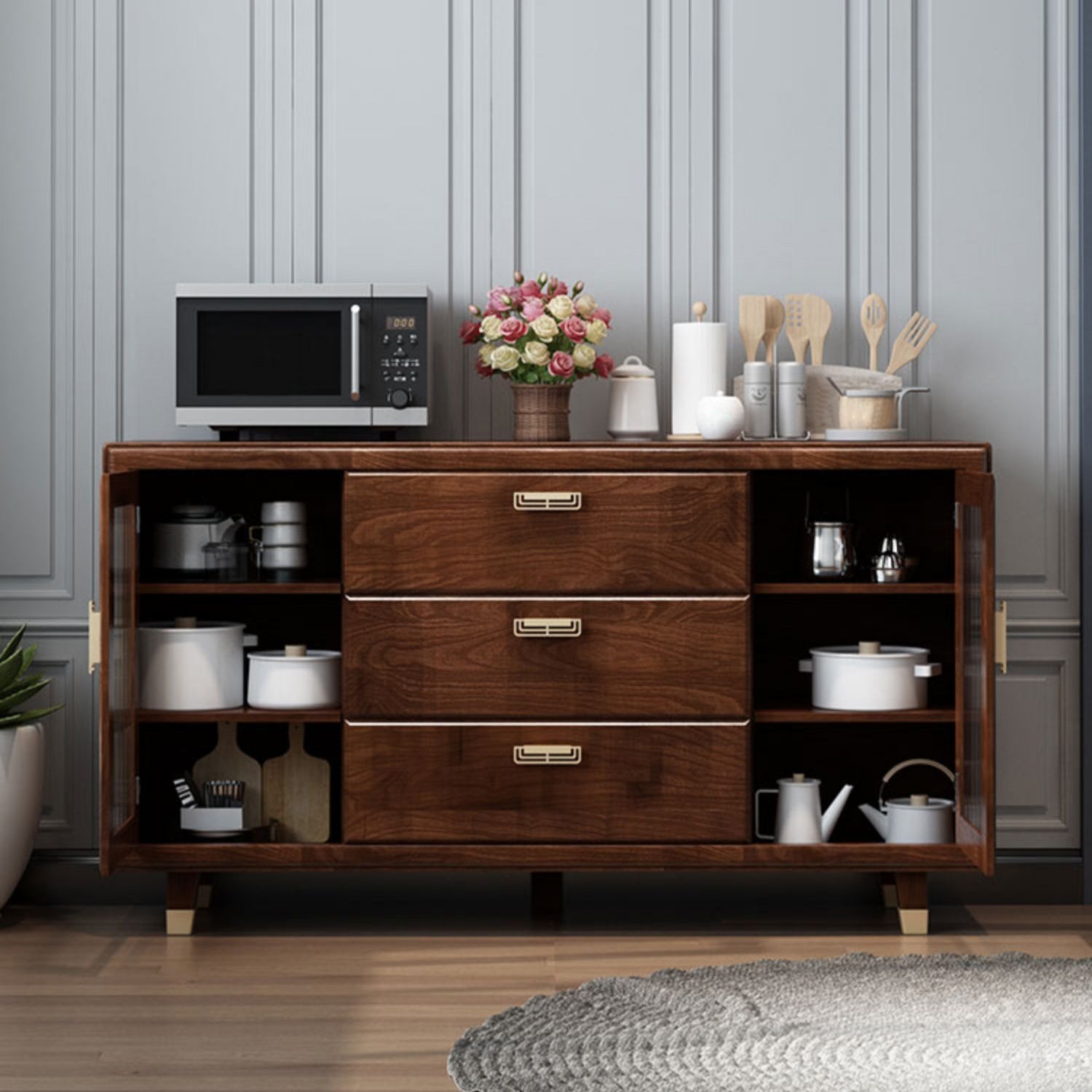 Modern Rubberwood Solid Wood Sideboard 34.5" H Brown Credenza for Dining Room Clearhalo 'buffet_sideboard' 'Buffets & Sideboards' 'Furniture' 'furniture_buffet_sideboard' 'Kitchen & Dining Furniture' 5087479