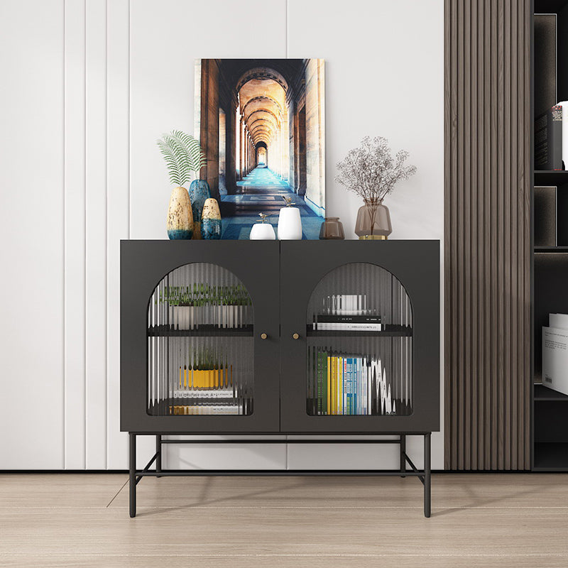 Modern Black Iron Sideboard Glass Doors Cabinets Dining Server for Living Room Textured Black Clearhalo 'buffet_sideboard' 'Buffets & Sideboards' 'furn' 'furn_buffet_sideboard' 'Furniture' 'furniture_buffet_sideboard' 'Kitchen & Dining Furniture' 5087486