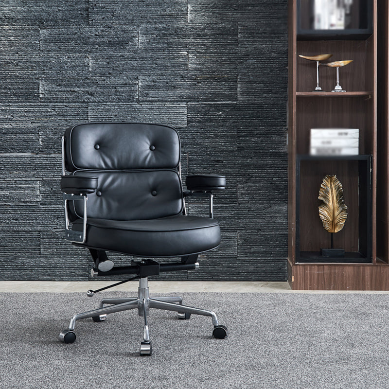 Modern Ergonomic Chair Height-adjustable Leather Fixed Arms Managers Chair Black-Silver Clearhalo 'Furniture' 'furniture_office_chair' 'Office Chairs' 'Office Furniture' 'office_chair' 5087859