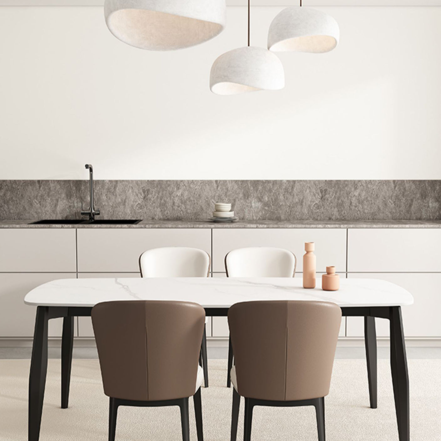 工業長方形のダイナーテーブル三脚ベースダイニングテーブルと白い石の上部