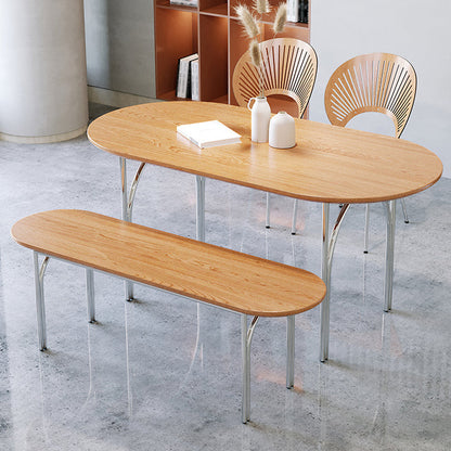 Oval 4 Legs Steel Dining Table Modern Wood Top Chrome Base Dining Site Table