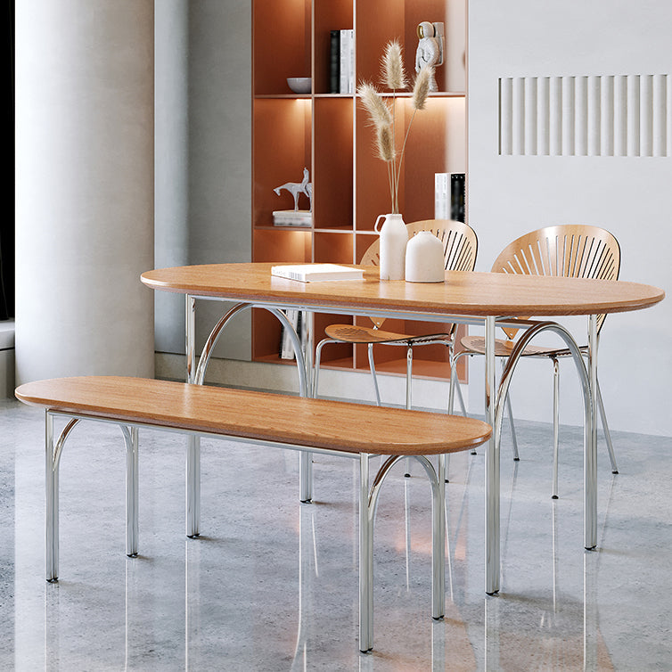 Oval 4 Legs Steel Dining Table Modern Wood Top Chrome Base Dining Site Table