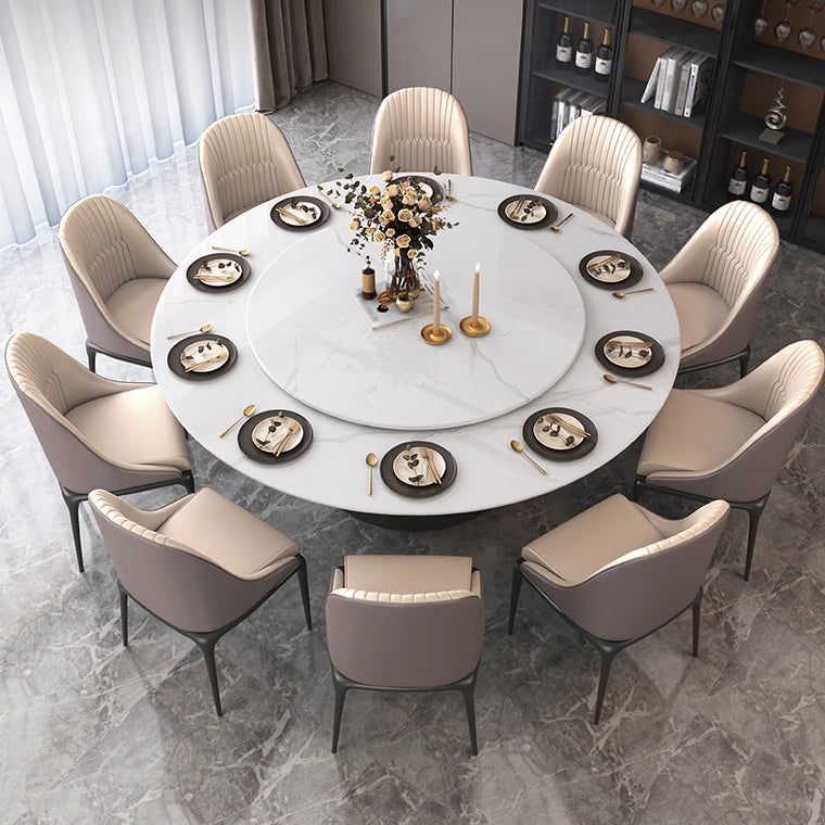Modern Round Dining Table White and Black Metal Base Convertible Dining Table