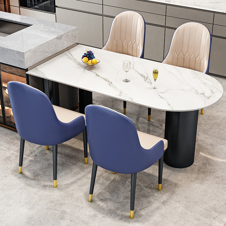 Modern 3 Legs Dining Table Stone Top and Metal Base in Black Dining Table White 63"L x 31.5"W x 29.5"H Without Chairs Clearhalo 'Dining Tables & Seating' 'Dining Tables' 'dining_table' 'furn' 'furn_dining_table' 'Furniture' 'Kitchen & Dining Furniture' 5097741
