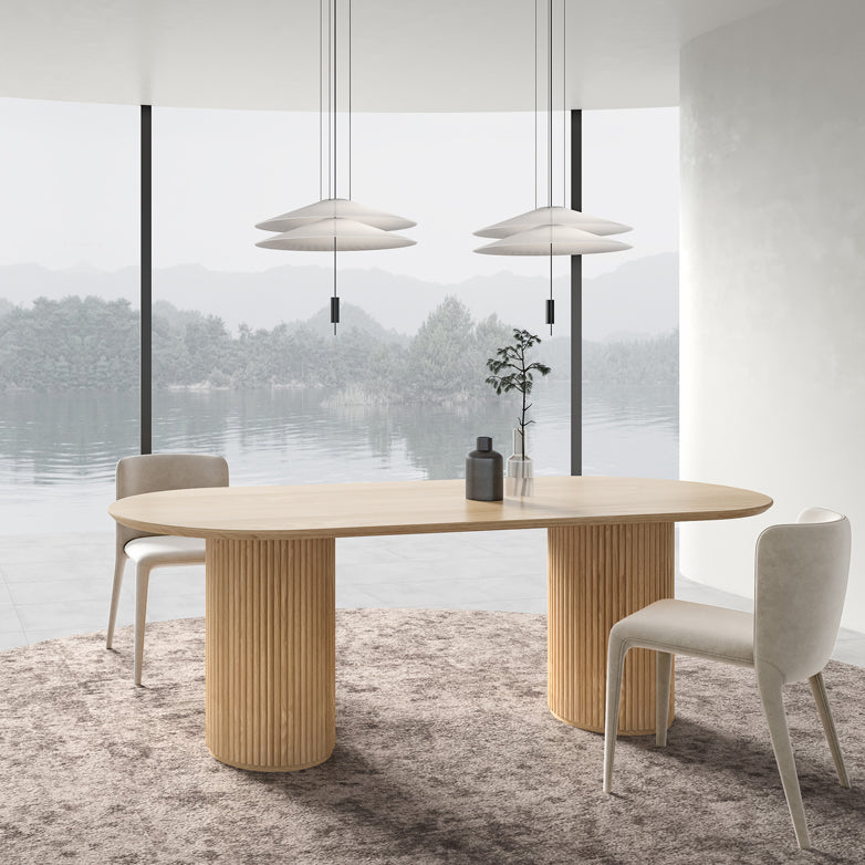 Natürlicher ovaler Esstisch aus massivem Kiefernholz, moderner Tisch mit Doppelsäule