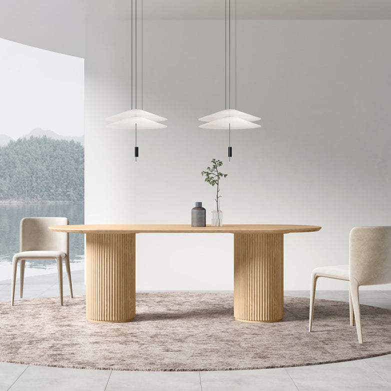 Natürlicher ovaler Esstisch aus massivem Kiefernholz, moderner Tisch mit Doppelsäule