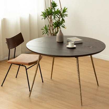 Round Solid Wood Dining Table Brown 4 Legs Dining Table with Metal Base