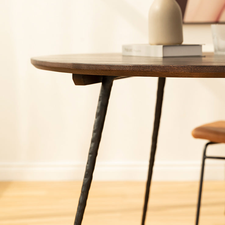 Round Solid Wood Dining Table Brown 4 Legs Dining Table with Metal Base