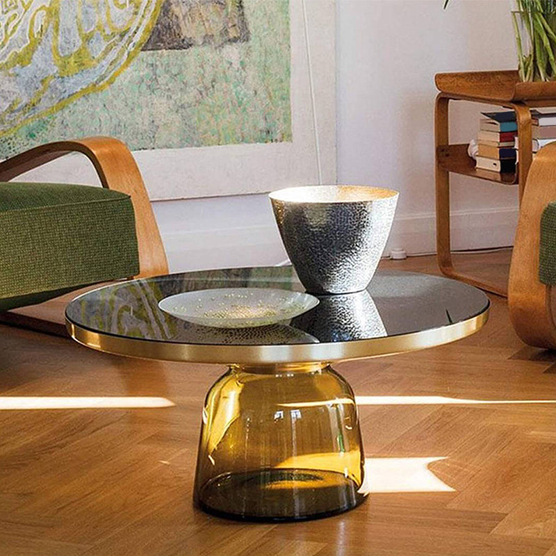 13.7"/20.8" Tall Modern Glass Pedestal Round Table Top Coffee Table 30"L x 30"W x 14"H Yellow Clearhalo 'Coffee & Accent Tables' 'Coffee Tables' 'coffee_tables' 'furn' 'furn_coffee_tables' 'Furniture' 'Living Room Furniture' 5098702