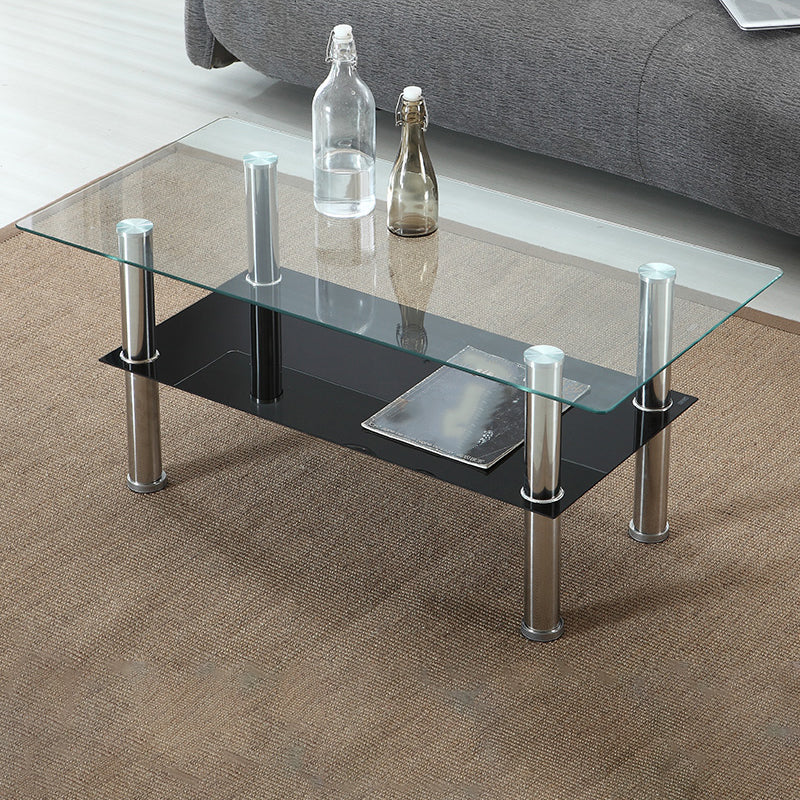 16.9" Tall Modern Stainless Steel 4 Legs Rectangular Glass Top Coffee Table with Shelf Black Clearhalo 'Coffee & Accent Tables' 'Coffee Tables' 'coffee_tables' 'furn' 'furn_coffee_tables' 'Furniture' 'Living Room Furniture' 5098767