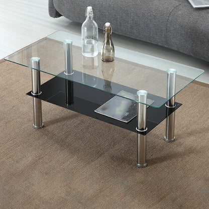 16.9" Tall Modern Stainless Steel 4 Legs Rectangular Glass Top Coffee Table with Shelf Black Clearhalo 'Coffee & Accent Tables' 'Coffee Tables' 'coffee_tables' 'furn' 'furn_coffee_tables' 'Furniture' 'Living Room Furniture' 5098767