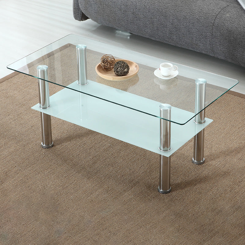 16.9" Tall Modern Stainless Steel 4 Legs Rectangular Glass Top Coffee Table with Shelf White Clearhalo 'Coffee & Accent Tables' 'Coffee Tables' 'coffee_tables' 'furn' 'furn_coffee_tables' 'Furniture' 'Living Room Furniture' 5098768