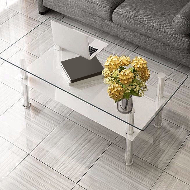 16.9" Tall Modern Stainless Steel 4 Legs Rectangular Glass Top Coffee Table with Shelf Clearhalo 'Coffee & Accent Tables' 'Coffee Tables' 'coffee_tables' 'furn' 'furn_coffee_tables' 'Furniture' 'Living Room Furniture' 5098769