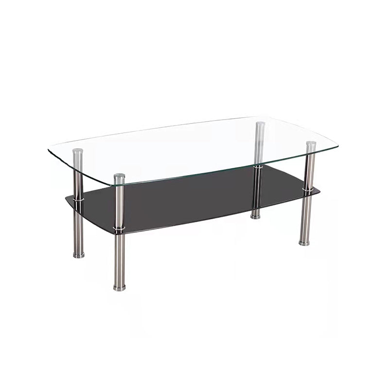 16.9" Tall Modern Stainless Steel 4 Legs Rectangular Glass Top Coffee Table with Shelf Clearhalo 'Coffee & Accent Tables' 'Coffee Tables' 'coffee_tables' 'furn' 'furn_coffee_tables' 'Furniture' 'Living Room Furniture' 5098771