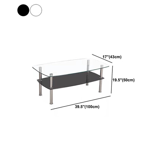 16.9" Tall Modern Stainless Steel 4 Legs Rectangular Glass Top Coffee Table with Shelf