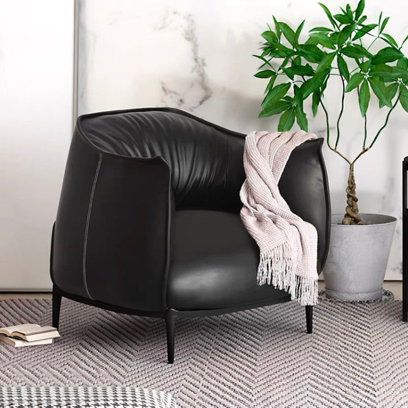 Solid Color Genuine Leather Arms Included with Black Legs Round Arms Barrel Chair Black Clearhalo 'Accent Chairs' 'accent_chairs' 'Chairs & Seating' 'furn' 'furn_accent_chairs' 'Furniture' 'Living Room Furniture' 5098797