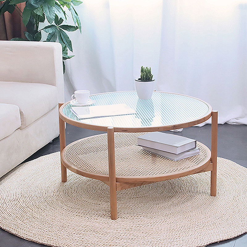 4 Legs Bunching Table with Solid Wood Base Round Coffee Table with Tempered Glass Top 28"L x 28"W x 18"H Natural Clearhalo 'Coffee & Accent Tables' 'Coffee Tables' 'coffee_tables' 'furn' 'furn_coffee_tables' 'Furniture' 'Living Room Furniture' 5099024