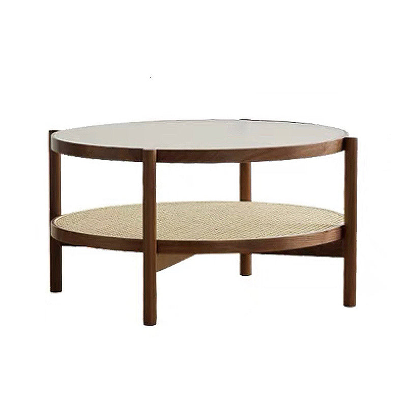 4 Legs Bunching Table with Solid Wood Base Round Coffee Table with Tempered Glass Top Walnut Clearhalo 'Coffee & Accent Tables' 'Coffee Tables' 'coffee_tables' 'furn' 'furn_coffee_tables' 'Furniture' 'Living Room Furniture' 5099027