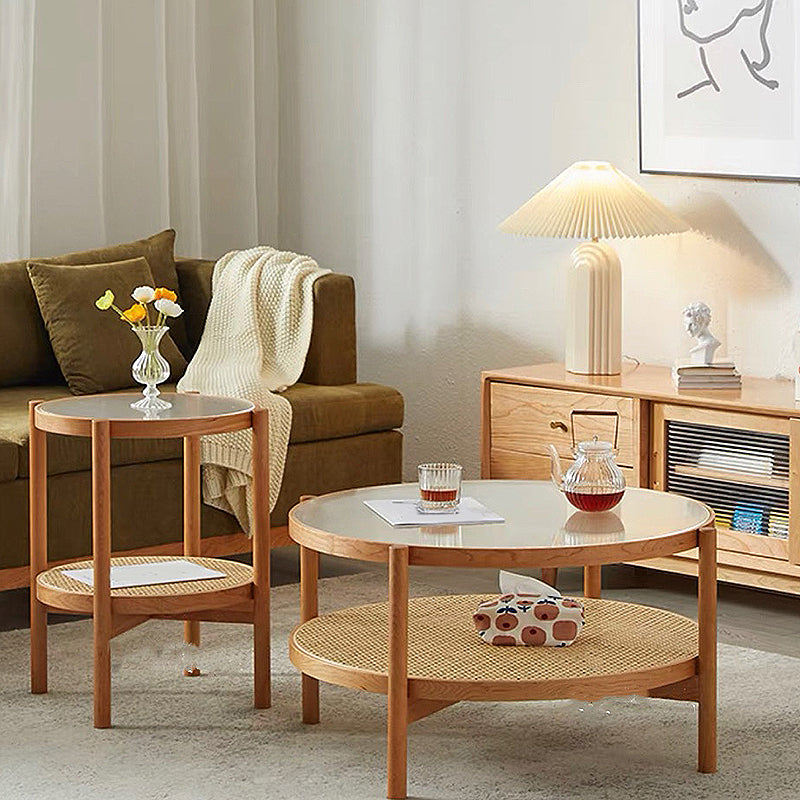 4 Legs Bunching Table with Solid Wood Base Round Coffee Table with Tempered Glass Top 31.5''L x 31.5''W x 18''H + 20''L x 20''W x 24''H Natural Clearhalo 'Coffee & Accent Tables' 'Coffee Tables' 'coffee_tables' 'furn' 'furn_coffee_tables' 'Furniture' 'Living Room Furniture' 5099032