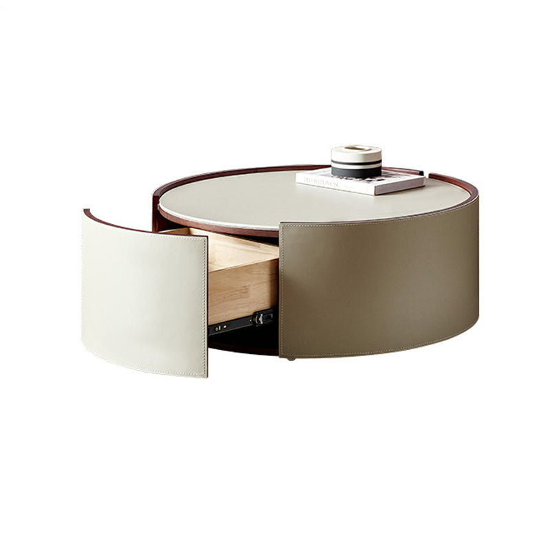 Modern Drum Base Solid Leather Round Table Coffee Table with Storage 31.5"L x 31.5"W x 12"H Leather Storage Included Clearhalo 'Coffee & Accent Tables' 'Coffee Tables' 'coffee_tables' 'furn' 'furn_coffee_tables' 'Furniture' 'Living Room Furniture' 5099139