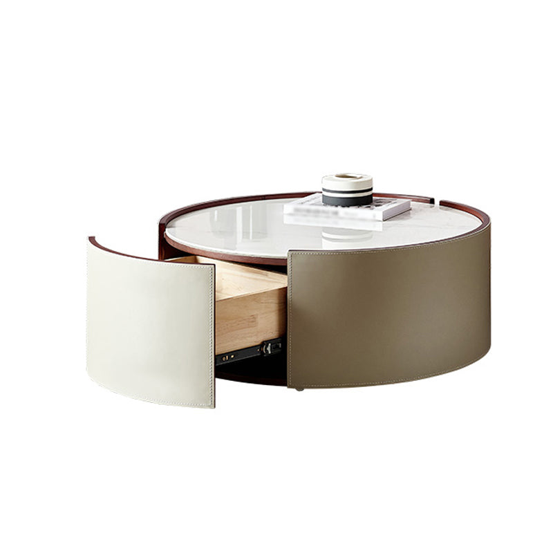 Modern Drum Base Solid Leather Round Table Coffee Table with Storage 31.5"L x 31.5"W x 12"H Stone Storage Included Clearhalo 'Coffee & Accent Tables' 'Coffee Tables' 'coffee_tables' 'furn' 'furn_coffee_tables' 'Furniture' 'Living Room Furniture' 5099141