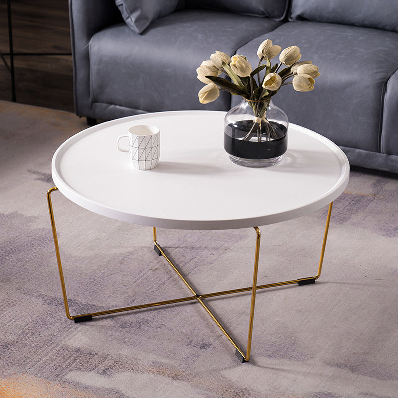 Cross Leg Base Design White/grey Faux Wood Top Metal Iron Round Coffee Table Gold White Clearhalo 'Coffee & Accent Tables' 'Coffee Tables' 'coffee_tables' 'furn' 'furn_coffee_tables' 'Furniture' 'Living Room Furniture' 5099173