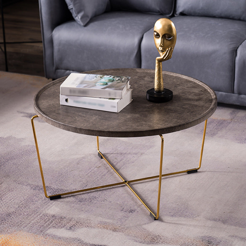 Cross Leg Base Design White/grey Faux Wood Top Metal Iron Round Coffee Table Gold Gray Clearhalo 'Coffee & Accent Tables' 'Coffee Tables' 'coffee_tables' 'furn' 'furn_coffee_tables' 'Furniture' 'Living Room Furniture' 5099180