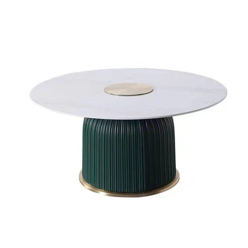 Modern Style Round Coffee Table with Drum Base Metal Design Rock Plate Top