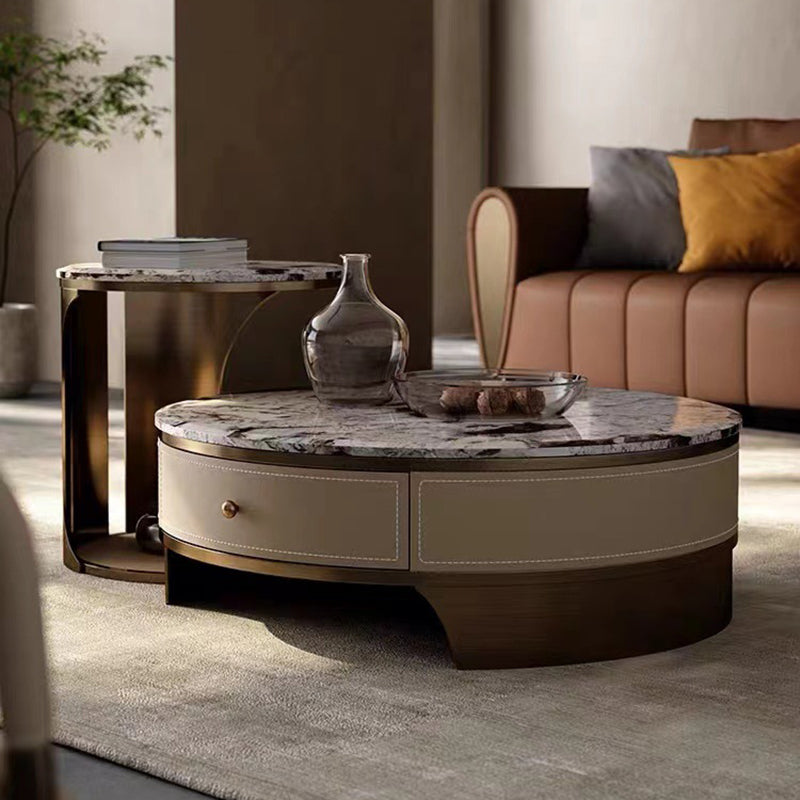 Drum Base Design Marble White/black White Top Metal Base Round Coffee Table Clearhalo 'Coffee & Accent Tables' 'Coffee Tables' 'coffee_tables' 'furn' 'furn_coffee_tables' 'Furniture' 'Living Room Furniture' 5099275