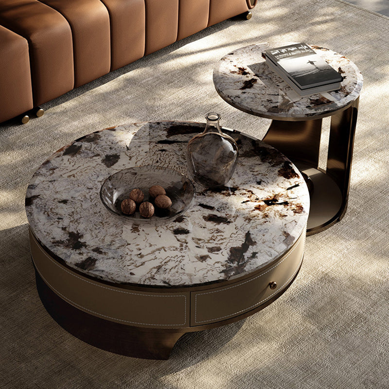 Drum Base Design Marble White/black White Top Metal Base Round Coffee Table 35"L x 35"W x 14"H + 20"L x 20"W x 20"H Black White Clearhalo 'Coffee & Accent Tables' 'Coffee Tables' 'coffee_tables' 'furn' 'furn_coffee_tables' 'Furniture' 'Living Room Furniture' 5099277