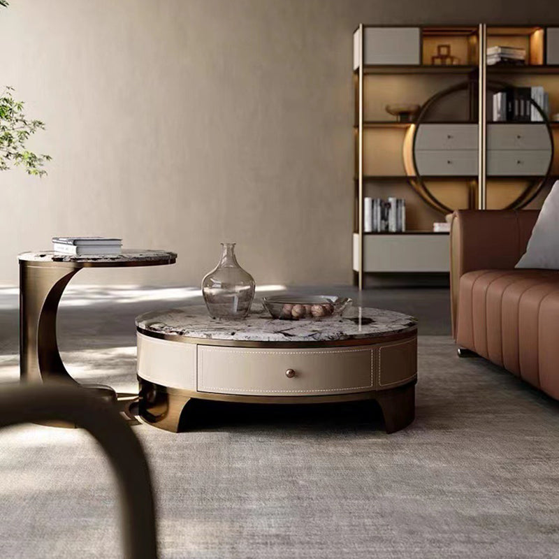 Drum Base Design Marble White/black White Top Metal Base Round Coffee Table Clearhalo 'Coffee & Accent Tables' 'Coffee Tables' 'coffee_tables' 'furn' 'furn_coffee_tables' 'Furniture' 'Living Room Furniture' 5099286