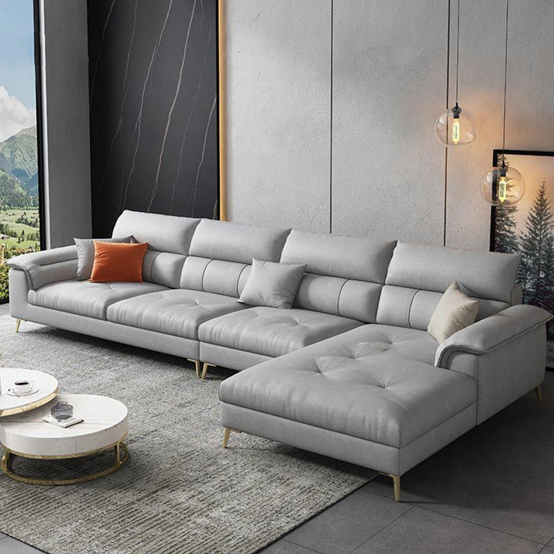 137.8" W x 70.87" D x 35.43" H Faux Leather Sofa & Chaise Modern Sewn Pillow Back Sofa Light Grey Right Clearhalo 'furn' 'furn_sectionals' 'Furniture' 'Living Room Furniture' 'Sectionals' 5099563