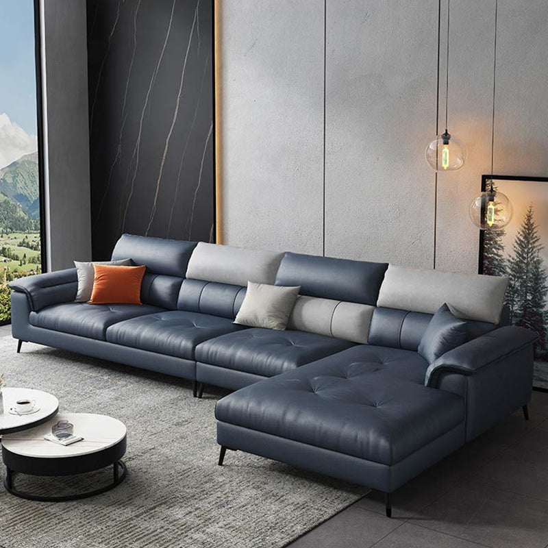 137.8" W x 70.87" D x 35.43" H Faux Leather Sofa & Chaise Modern Sewn Pillow Back Sofa Dark Blue Right Clearhalo 'furn' 'furn_sectionals' 'Furniture' 'Living Room Furniture' 'Sectionals' 5099564