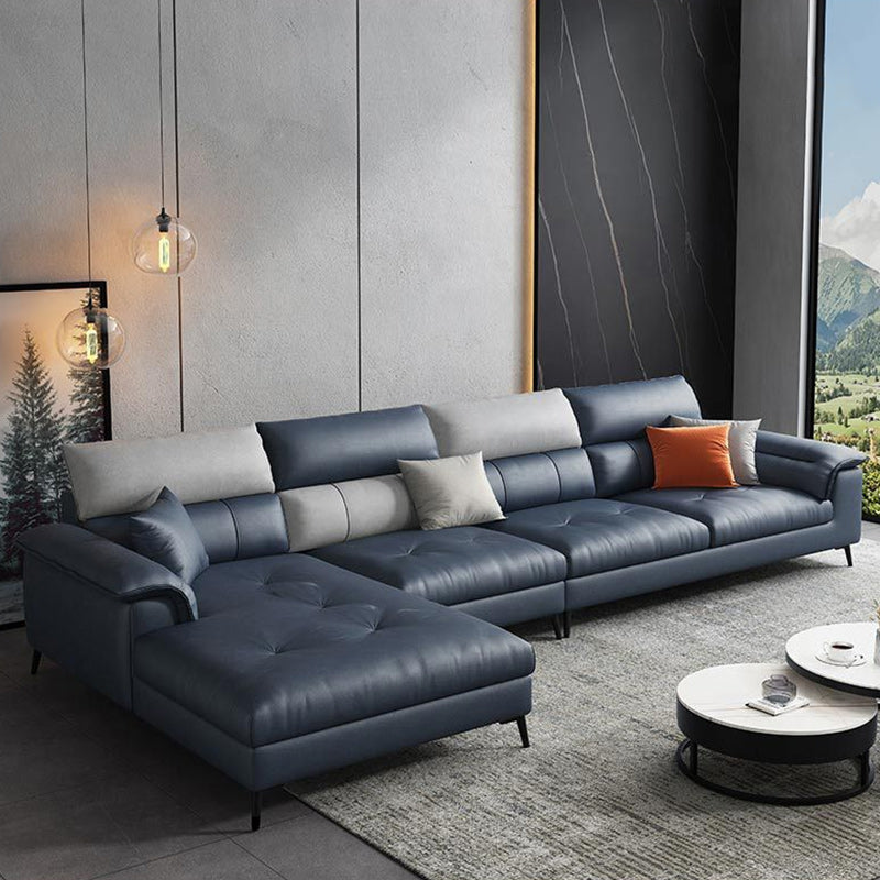 137.8" W x 70.87" D x 35.43" H Faux Leather Sofa & Chaise Modern Sewn Pillow Back Sofa Dark Blue Left Clearhalo 'furn' 'furn_sectionals' 'Furniture' 'Living Room Furniture' 'Sectionals' 5099572