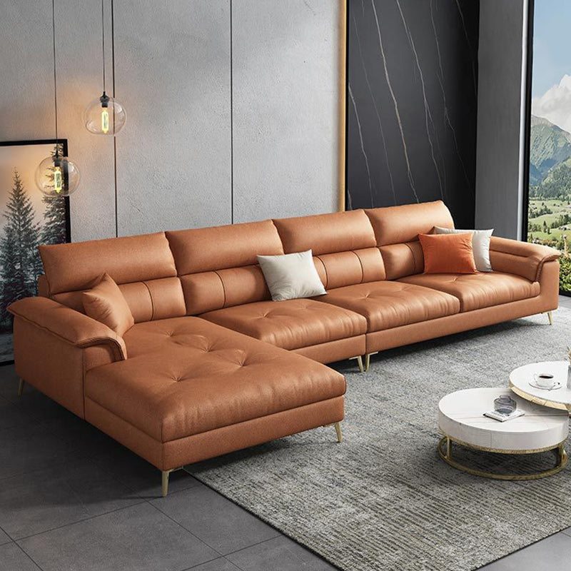 137.8" W x 70.87" D x 35.43" H Faux Leather Sofa & Chaise Modern Sewn Pillow Back Sofa Orange Left Clearhalo 'furn' 'furn_sectionals' 'Furniture' 'Living Room Furniture' 'Sectionals' 5099573