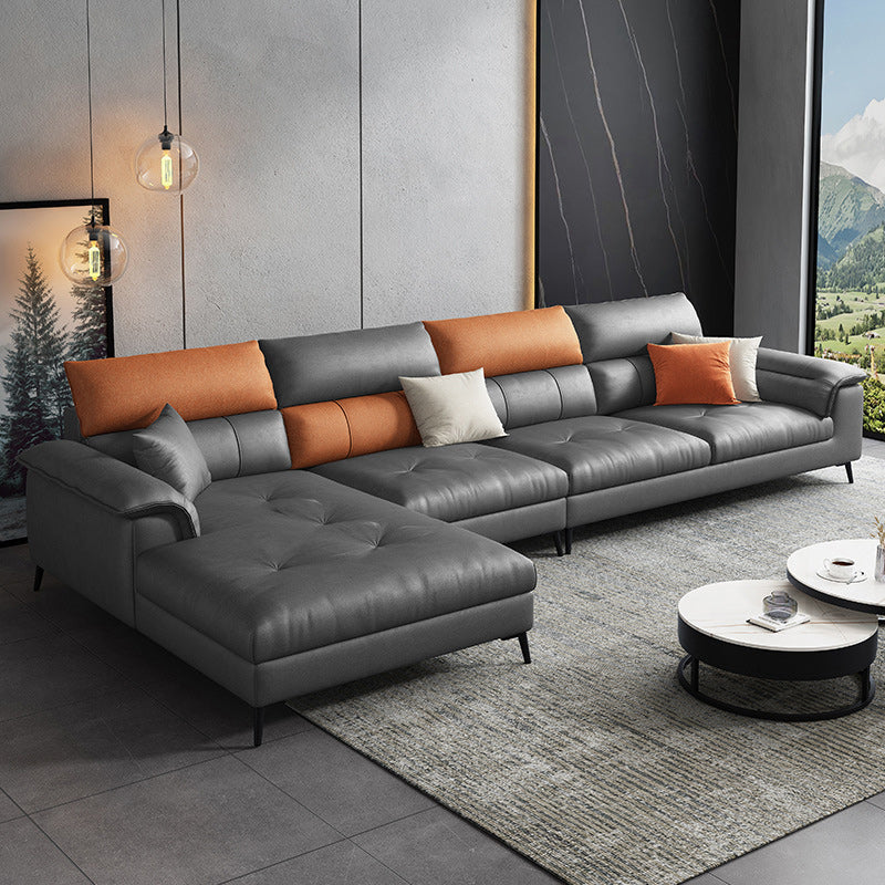 137.8" W x 70.87" D x 35.43" H Faux Leather Sofa & Chaise Modern Sewn Pillow Back Sofa Gray Left Clearhalo 'furn' 'furn_sectionals' 'Furniture' 'Living Room Furniture' 'Sectionals' 5099574