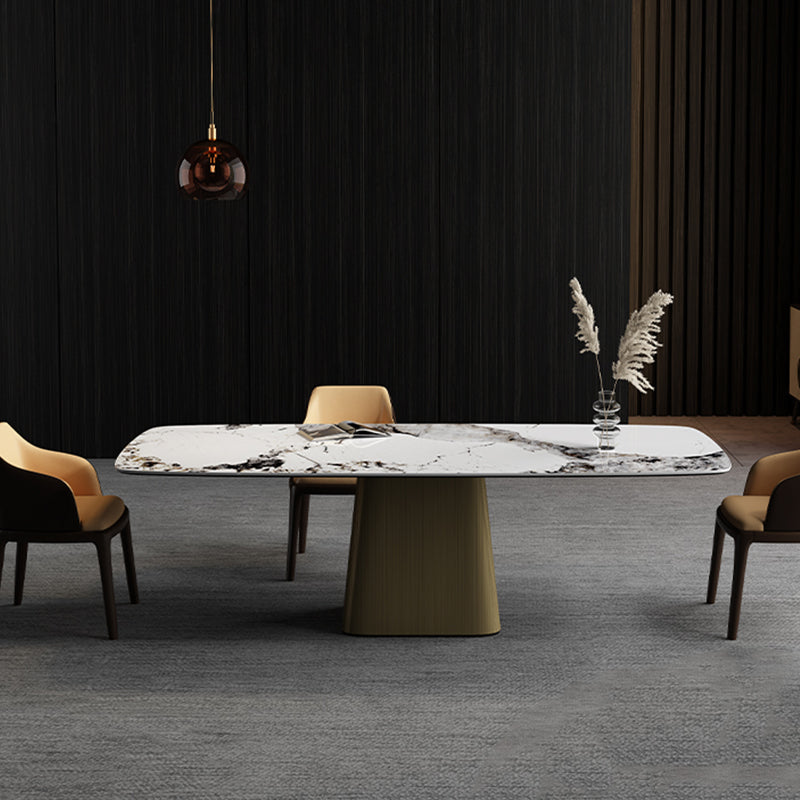 Traditional Luxury Rectangle Dining Table Stone Top Pedestal Casual Dining Table Bronze 63"L x 31.5"W x 29.5"H Without Chairs Clearhalo 'Dining Tables & Seating' 'Dining Tables' 'dining_table' 'furn' 'furn_dining_table' 'Furniture' 'Kitchen & Dining Furniture' 5103074