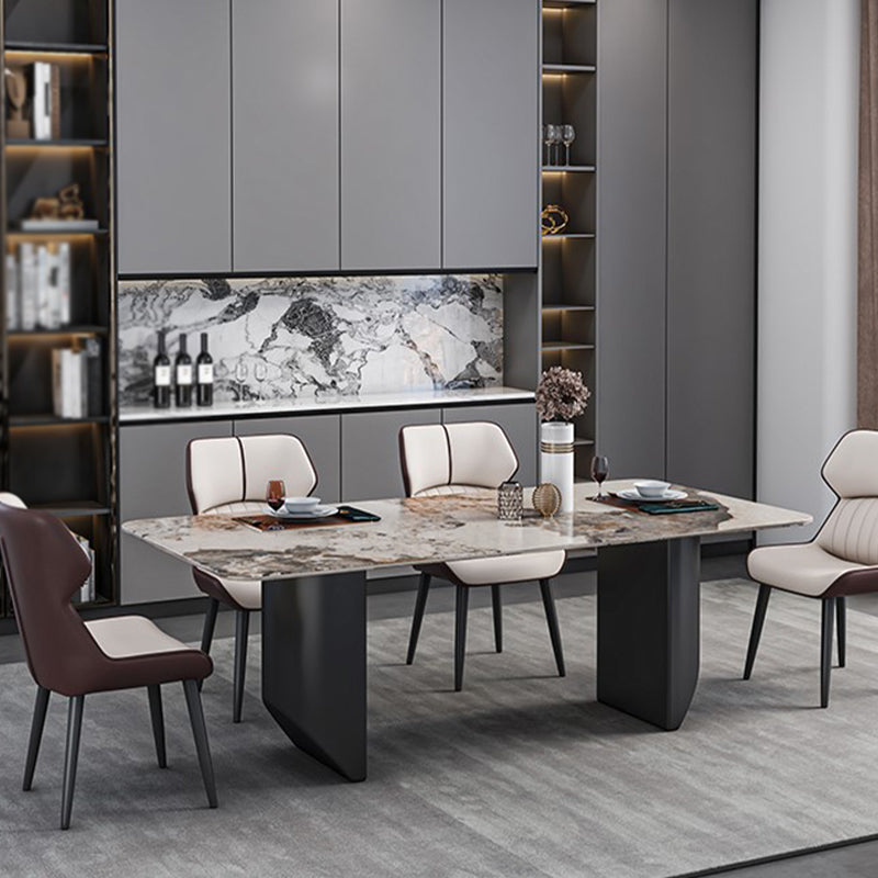 Rectangle Black Base Dining Site Table Modern Stone Double Pedestal Table Pandora Gold 63"L x 31.5"W x 29.5"H Without Chairs Clearhalo 'Dining Tables & Seating' 'Dining Tables' 'dining_table' 'furn' 'furn_dining_table' 'Furniture' 'Kitchen & Dining Furniture' 5103163