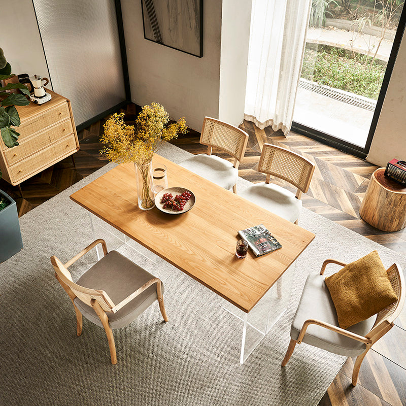 Mesa moderna de madera de roble para mesa de comedor rectangular de restaurantes con pedestal doble acrílico