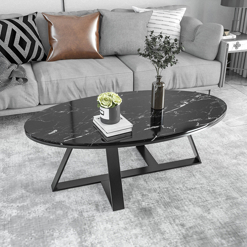 Oval Coffee Table with a Black/gold Base Made of Marble and Wrought Iron Black Black Clearhalo 'Coffee & Accent Tables' 'Coffee Tables' 'coffee_tables' 'furn' 'furn_coffee_tables' 'Furniture' 'Living Room Furniture' 5108399