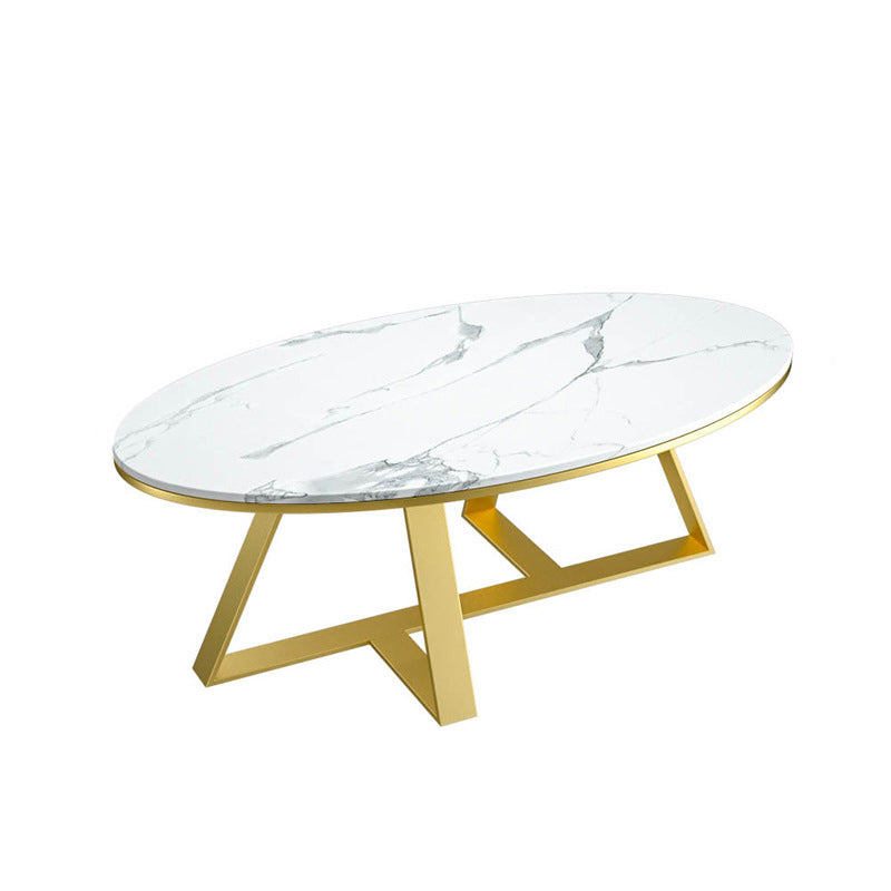 Oval Coffee Table with a Black/gold Base Made of Marble and Wrought Iron 39.5"L x 19.5"W x 18"H Gold White Clearhalo 'Coffee & Accent Tables' 'Coffee Tables' 'coffee_tables' 'furn' 'furn_coffee_tables' 'Furniture' 'Living Room Furniture' 5108403