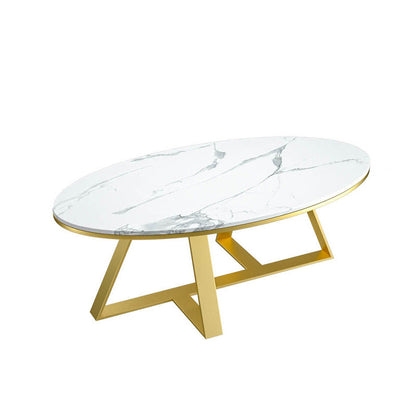 Oval Coffee Table with a Black/gold Base Made of Marble and Wrought Iron 39.5"L x 19.5"W x 18"H Gold White Clearhalo 'Coffee & Accent Tables' 'Coffee Tables' 'coffee_tables' 'furn' 'furn_coffee_tables' 'Furniture' 'Living Room Furniture' 5108403