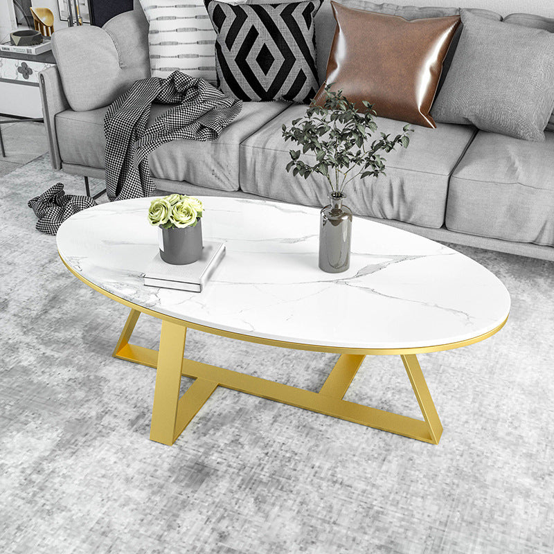 Oval Coffee Table with a Black/gold Base Made of Marble and Wrought Iron 47"L x 24"W x 18"H Gold White Clearhalo 'Coffee & Accent Tables' 'Coffee Tables' 'coffee_tables' 'furn' 'furn_coffee_tables' 'Furniture' 'Living Room Furniture' 5108409