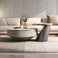 Table basse ronde sur piédestal en acier inoxydable avec dessus en ardoise gris/or