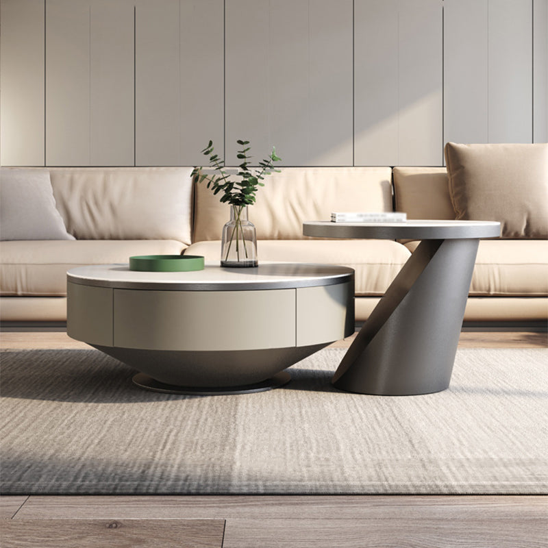 Table basse ronde sur piédestal en acier inoxydable avec dessus en ardoise gris/or