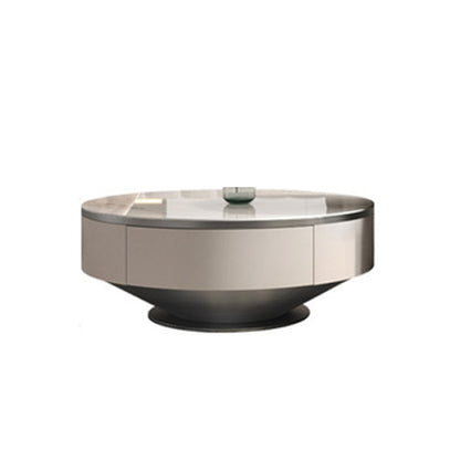 Table basse ronde sur piédestal en acier inoxydable avec dessus en ardoise gris/or